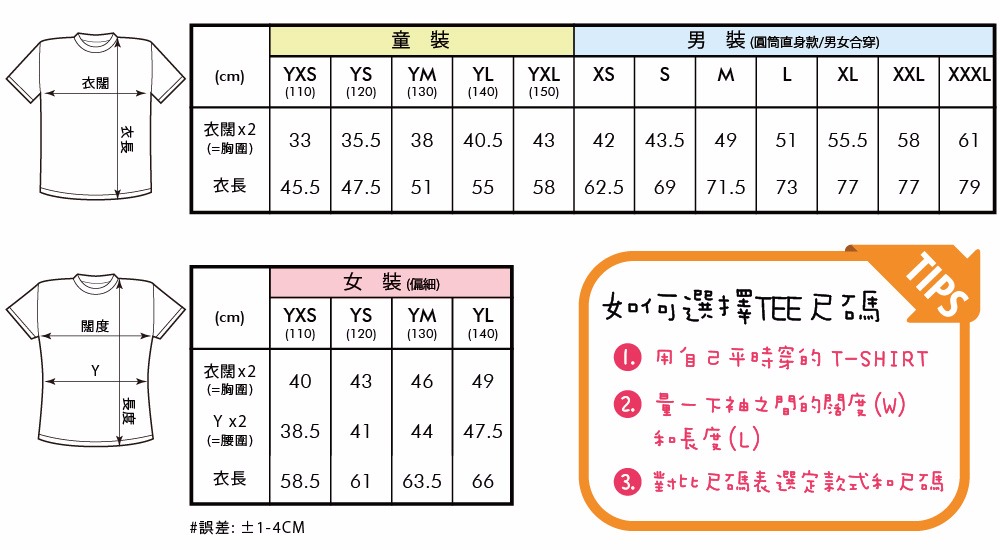 Tee尺碼表 T-shirt size chart